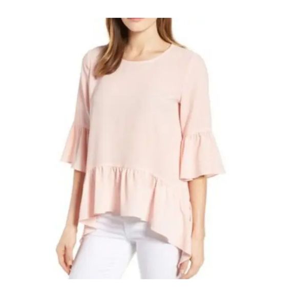 Gibson Tops - Gibson Blush Pink Ruffle 3/4 Sleeve Flutter Top - Women's Size M